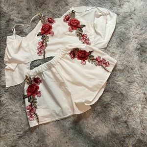 White with Embroidery Red Rose Two-Piece Set